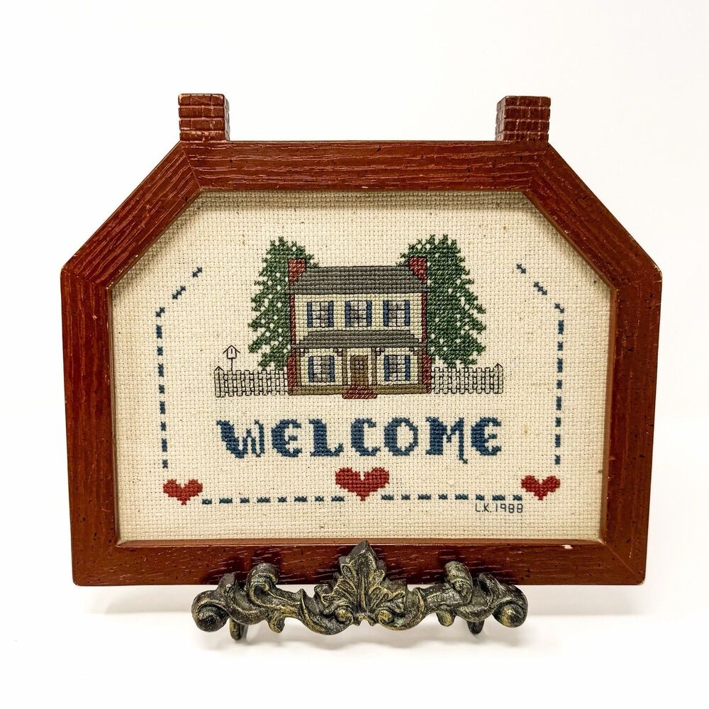 Vintage Welcome Cross Stitch Framed House Country Cottage Grandmacore